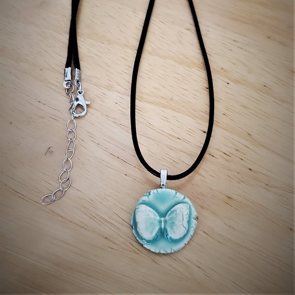 Handmade Ceramic Aqua Green Butterfly Pendant Necklace - Picture 7 of 11